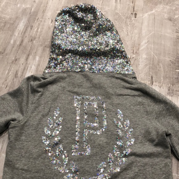 PINK Victoria's Secret Tops - Gray full zip pink brand w/,full hat bling. Size L